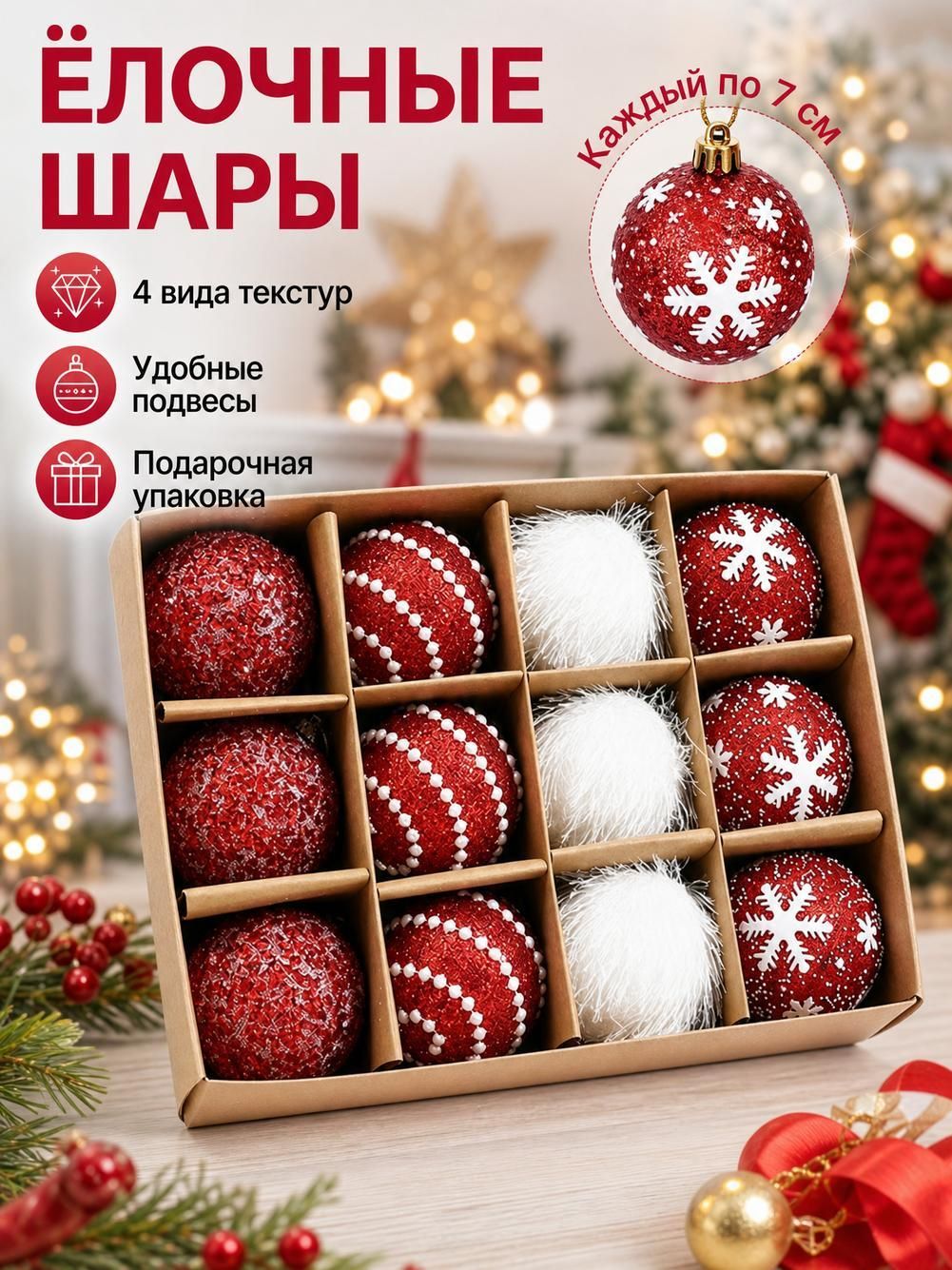 Елочные шары, набор 12 шт, 7 см, пенопласт, блестки и мех