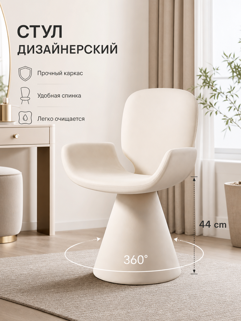 Практичное кресло для дома и спальни с поворотом 360°, обивка из микрофибры, молочно-белый
