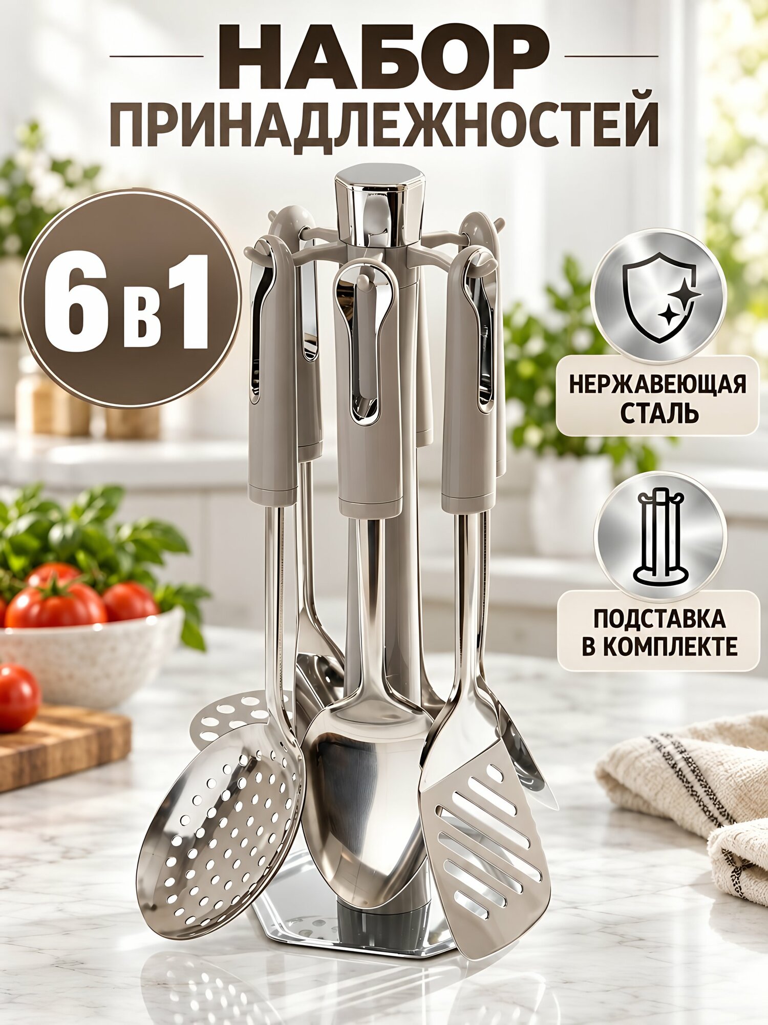 Набор кухонных принадлежностей 6 предметов из нержавеющей стали на подставке Y4-14245