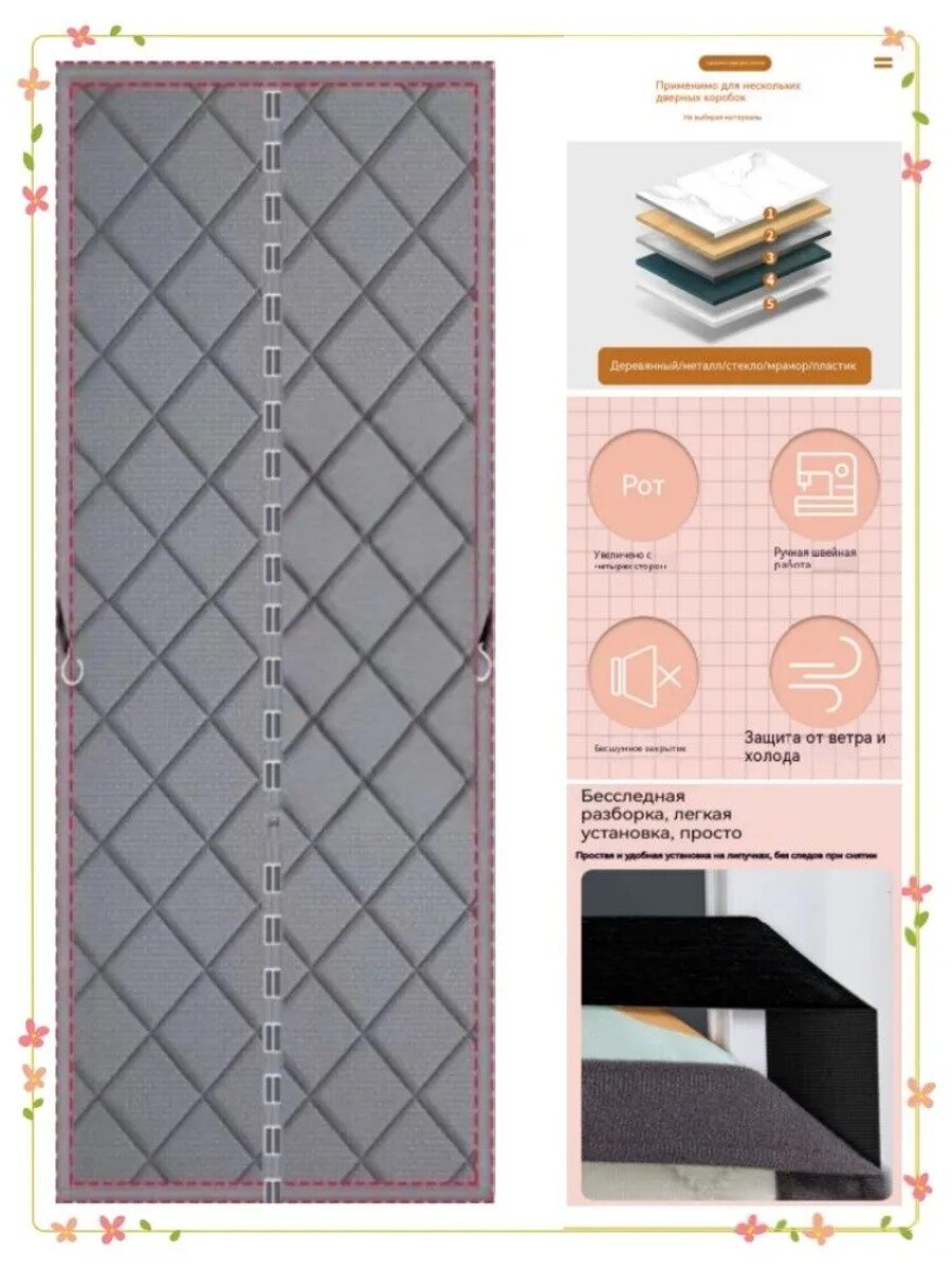 Теплая дверная штора с магнитами 95x205 см, серая, на липучке