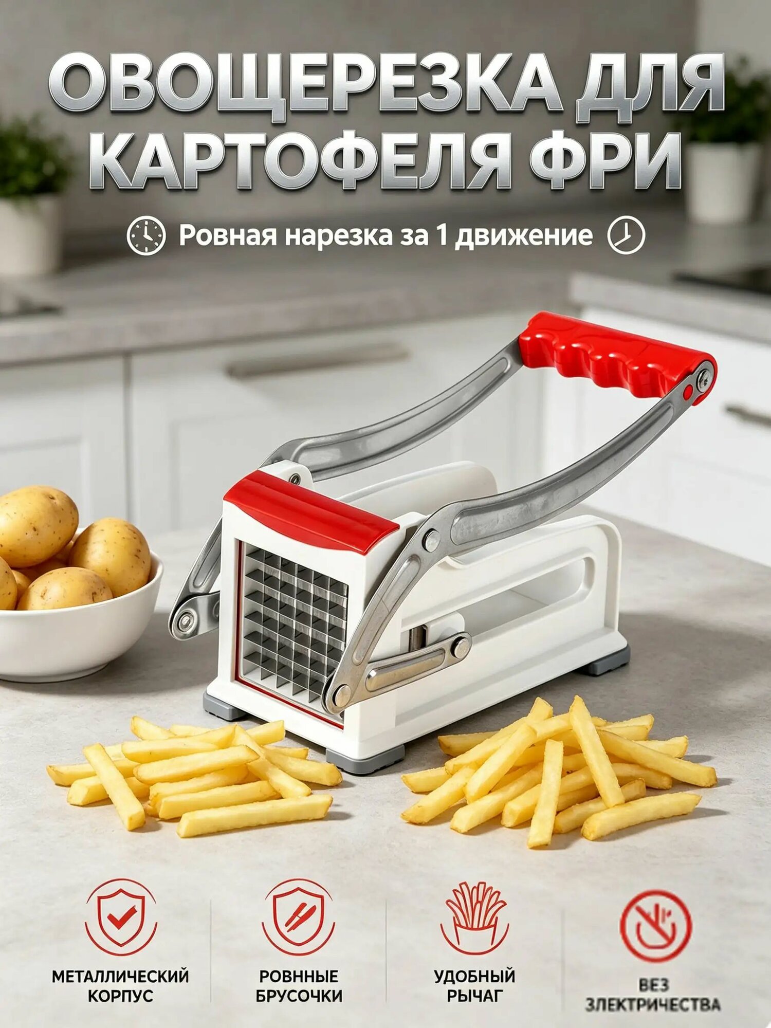 Овощерезка ручная многофункциональная с двумя насадками для картофеля фри и твердых овощей