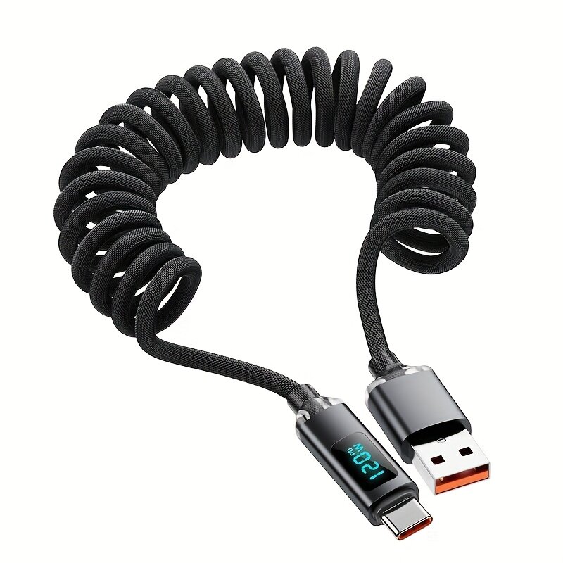 Кабель для быстрой зарядки и передачи данных USB-Type C, 120 Вт, 200 см, спиральный, с цифровым дисплеем, выдвижной
