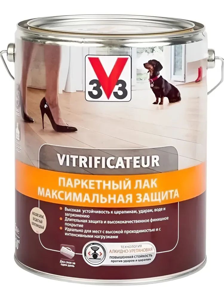 V33 Лак строительный, Глянцевое покрытие, 0.75 л, 0.8 кг, прозрачный, строительный лак для защиты и декоративной