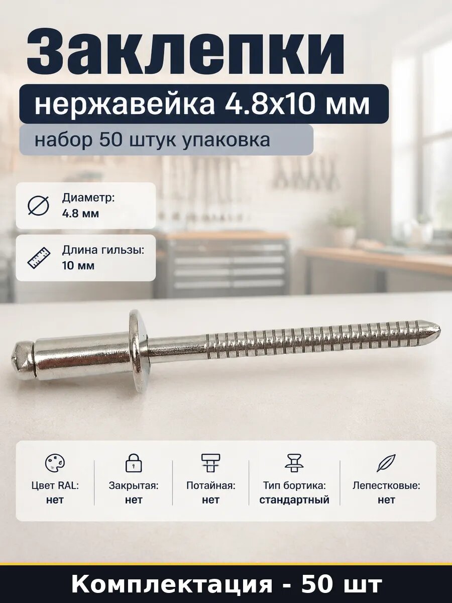 Заклепки нержавейка 4.8x10 мм набор 50 штук упаковка