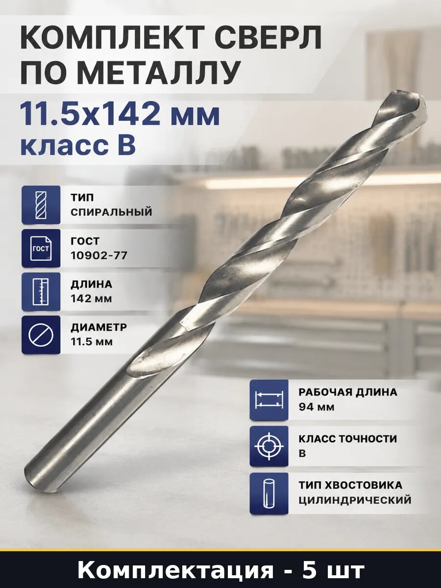 Комплект сверл по металлу 11.5х142 мм класс В 5 штук