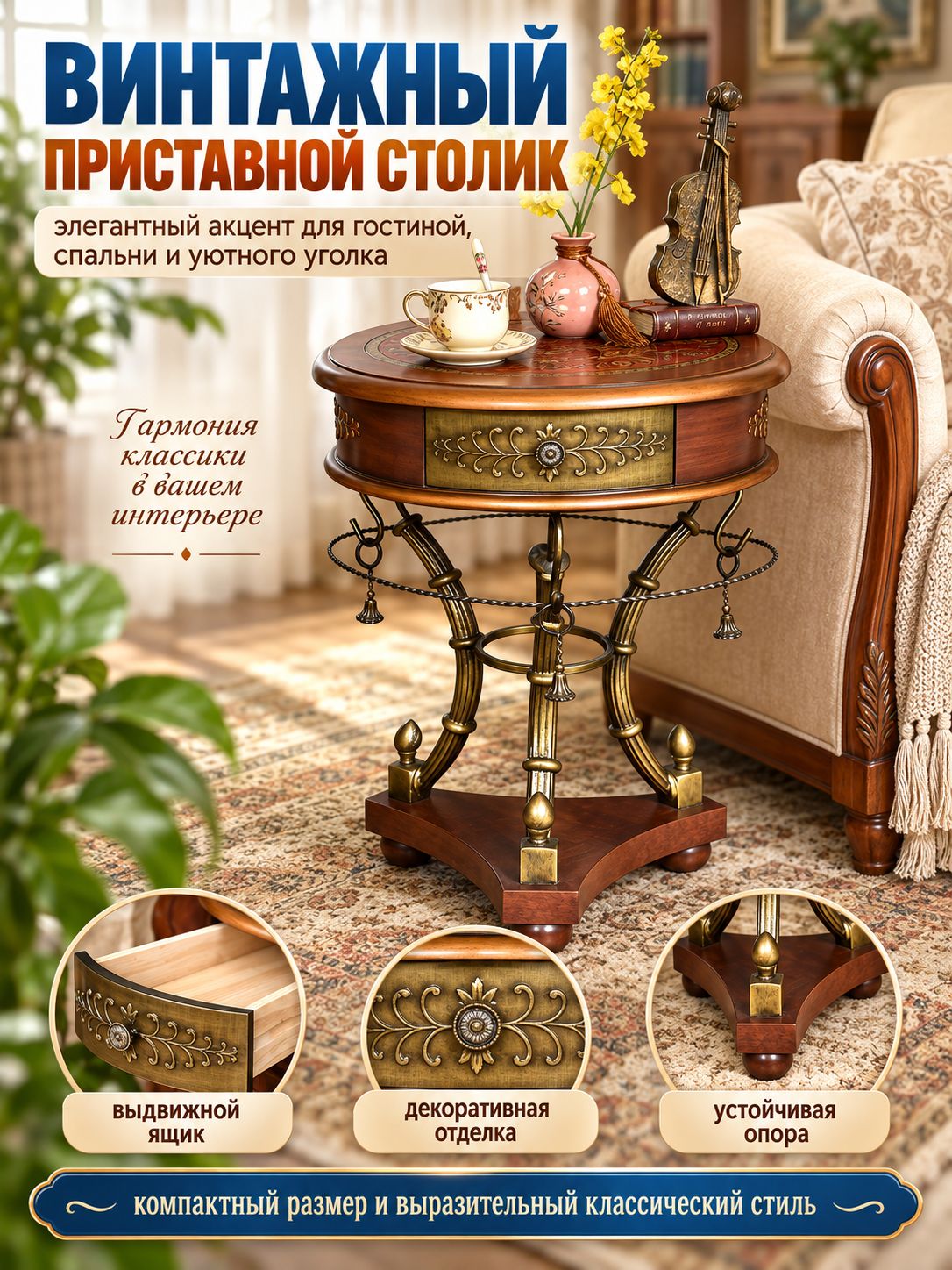 Винтажный приставной столик декоративный, компактный размер, акцентный элемент интерьера гостиной