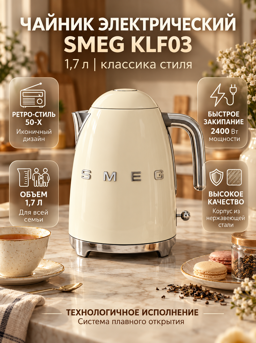 Электрическиq чайник SMEG KLF03CREU 1,7л, Чайник, нержавеющая сталь, Голубой, 1,7л, мощность 2400Вт, кремовый