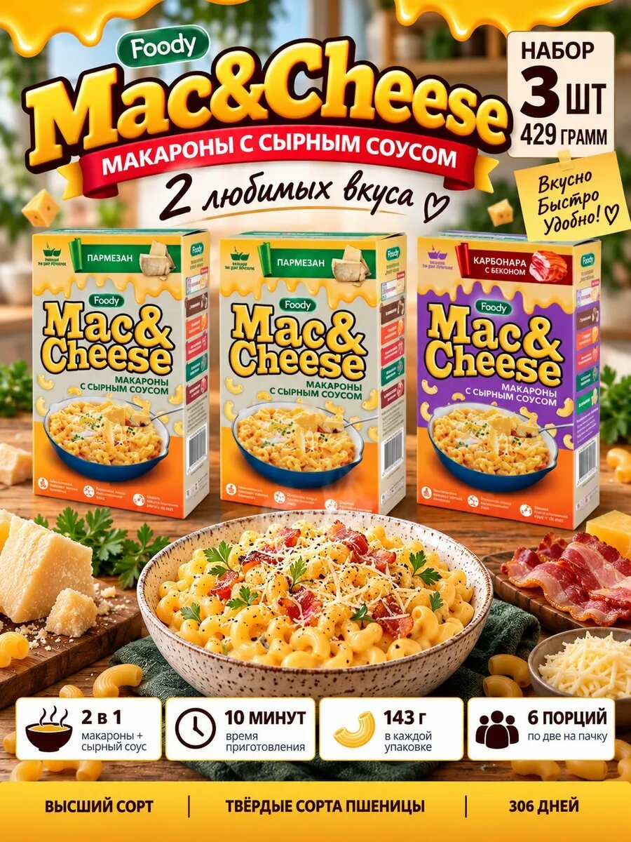 Макароны Mac&Cheese Пармезан ×2, Карбонара набор 3 шт 429 г, срок годности 306 дней