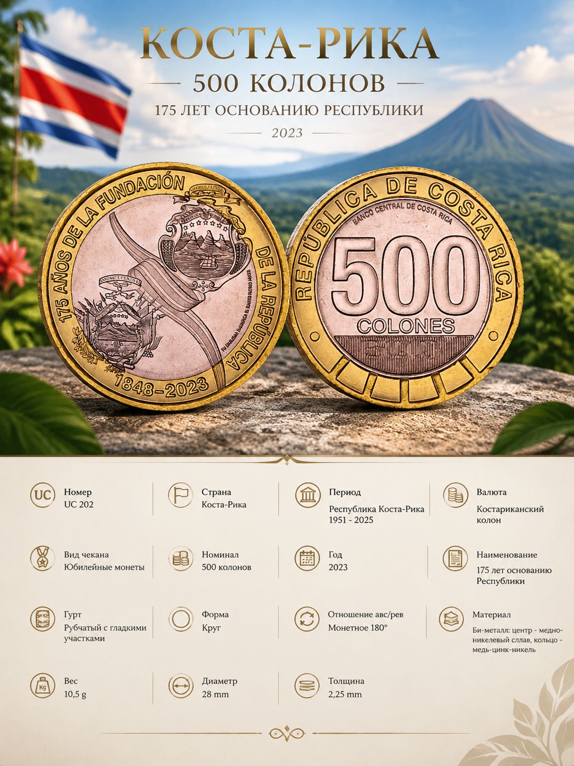 Коста-Рика 500 колонов, 2023 175 лет основанию Республики