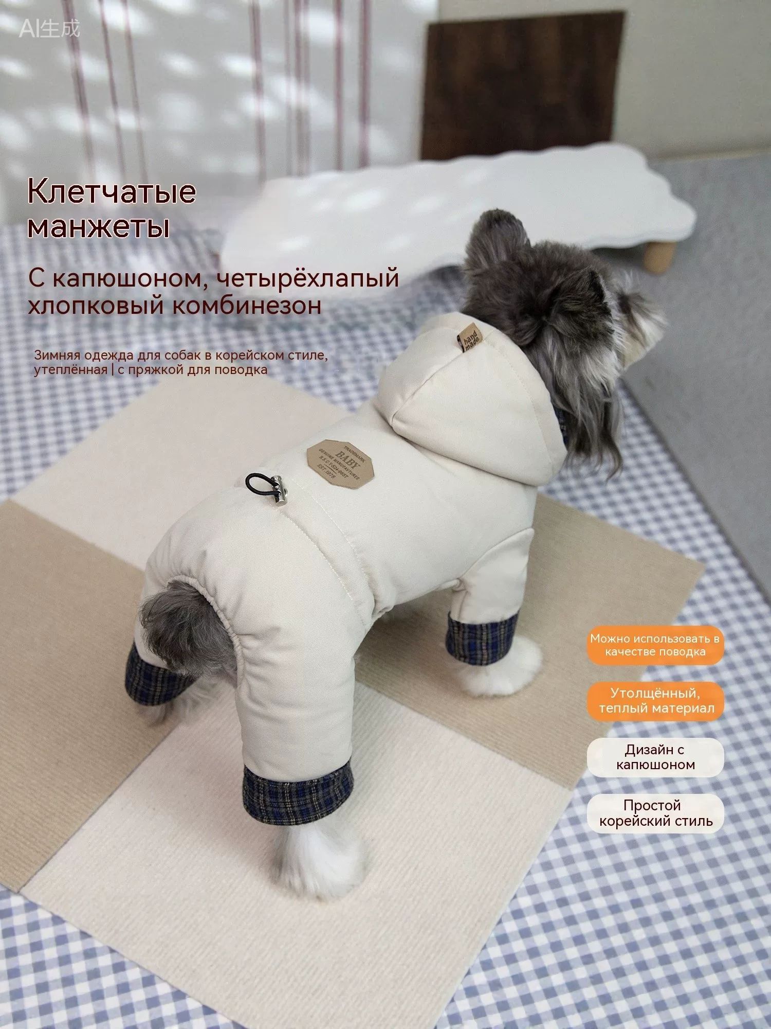 Комбинезон для собак на четыре лапы зимний утепленный с капюшоном, клетчатый, с поводком, корейский стиль