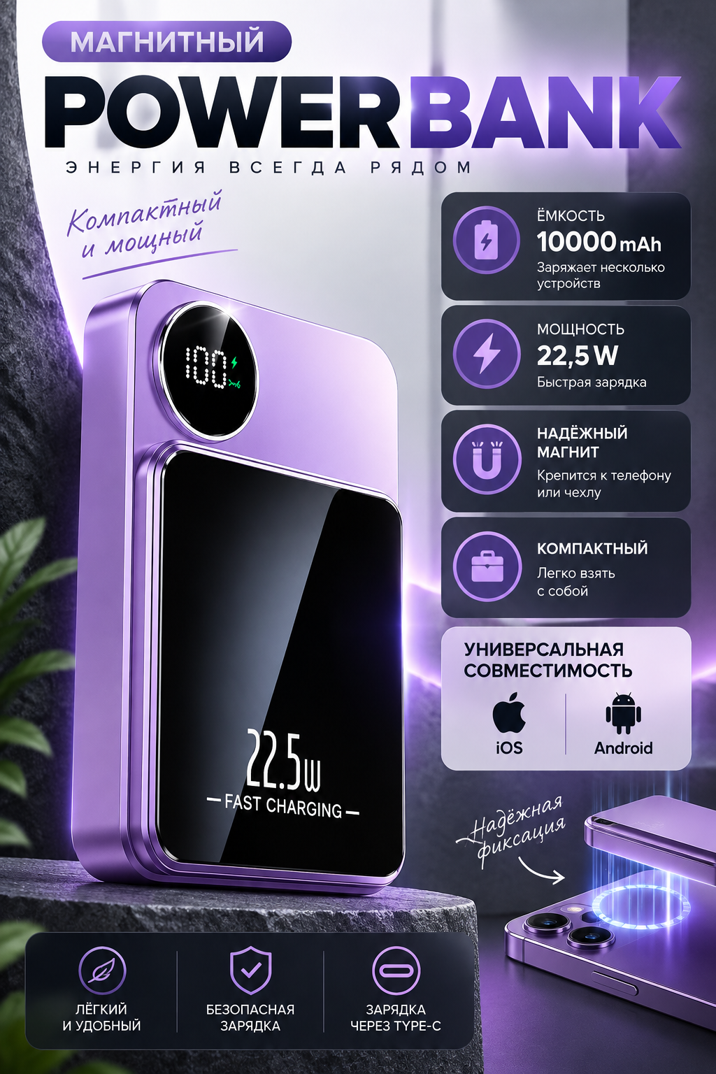 Портативный аккумулятор Kingxbar, 10000 mAh, беспроводная зарядка, для iPhone, пластик