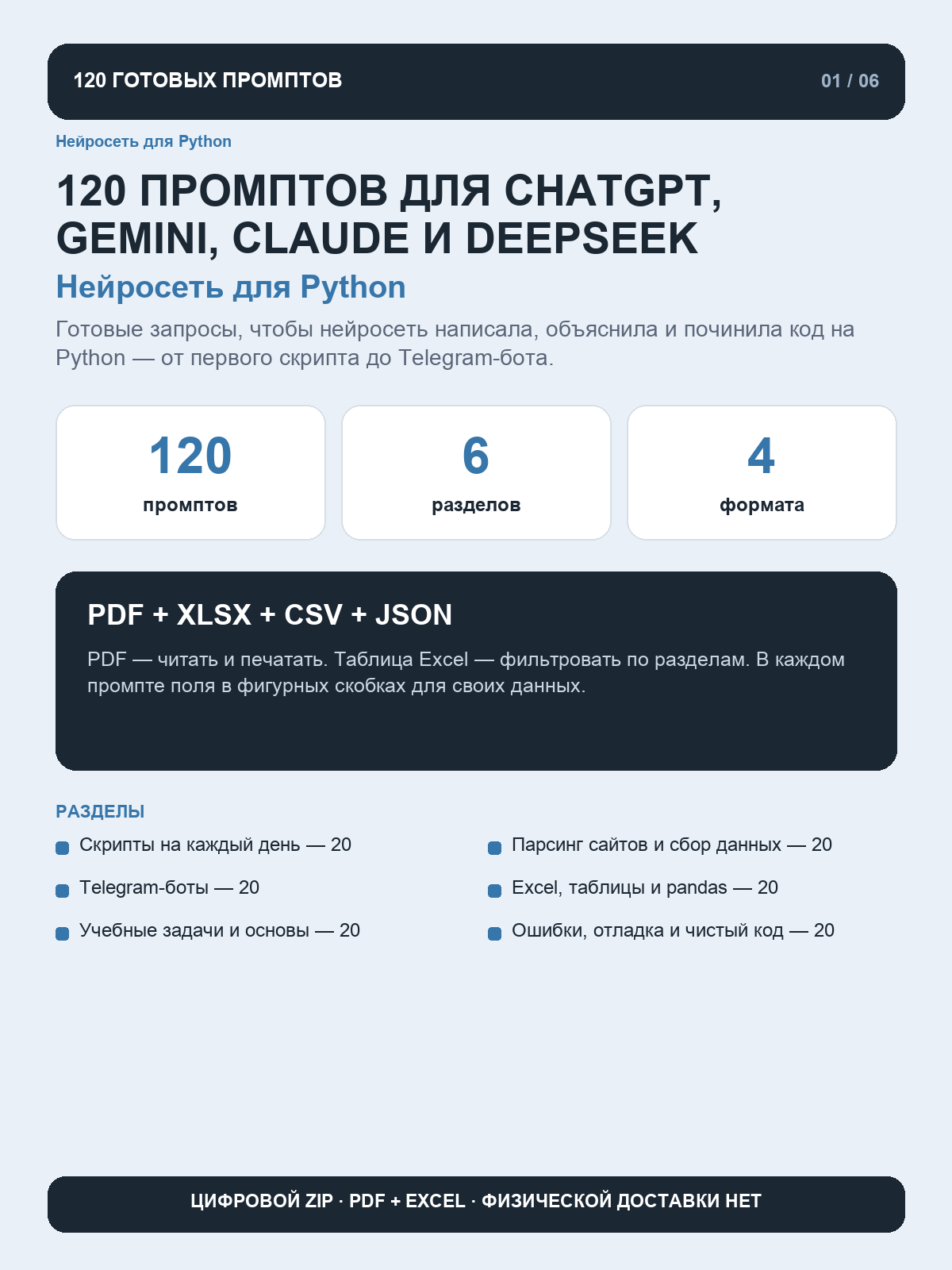 Нейросеть для Python: 120 промптов для скриптов, парсинга, Telegram-ботов и учебных задач, цифровая книга PDF A4