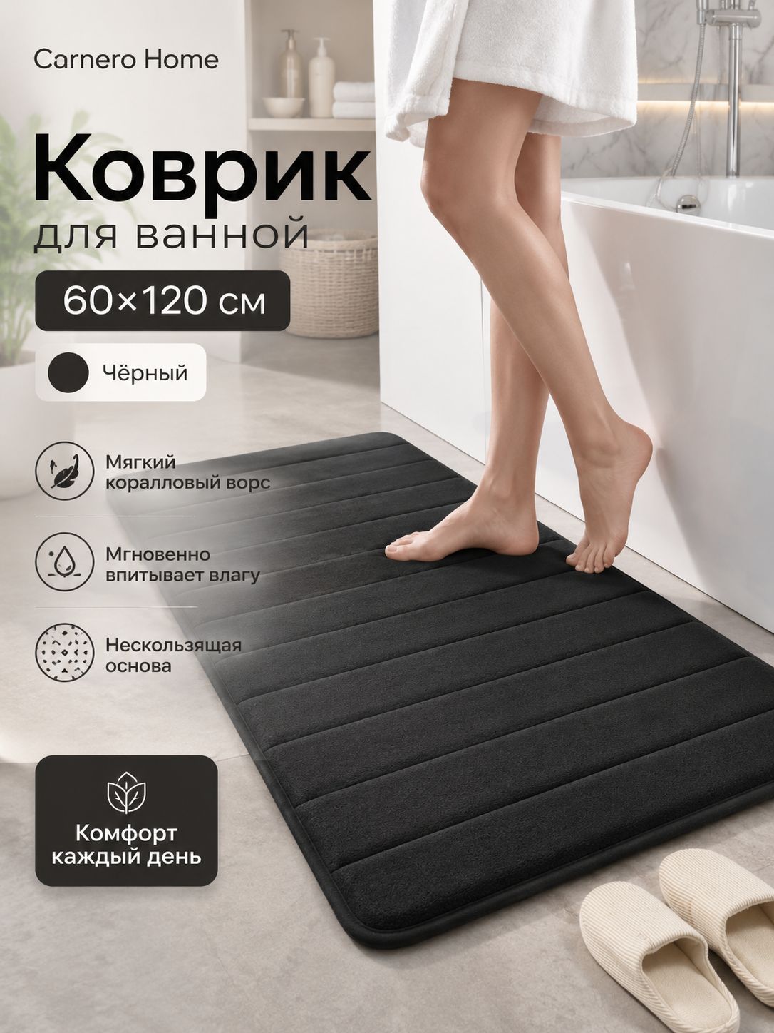 Коврик для ванной 60x120 см 3d-эффект черный матовый