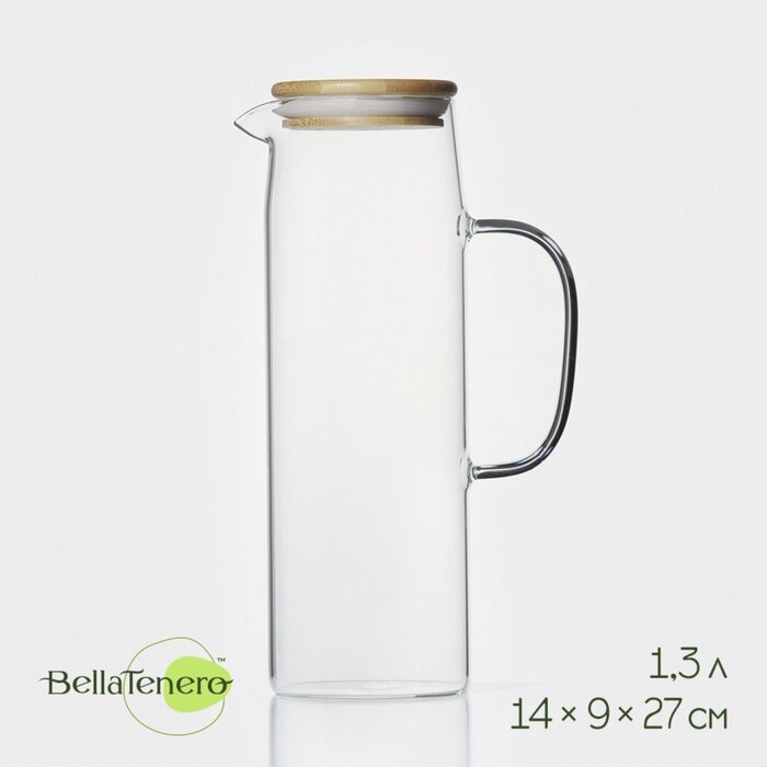 Кувшин BellaTenero «Эко», 1.3 л, 14×9×27 см, с бамбуковой крышкой, стекло, прозрачный, без упаковки