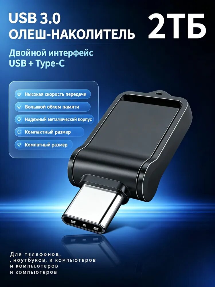USB 2 в 1, USB 3.1 + Type-C флеш-накопитель 2 ТВ, черное