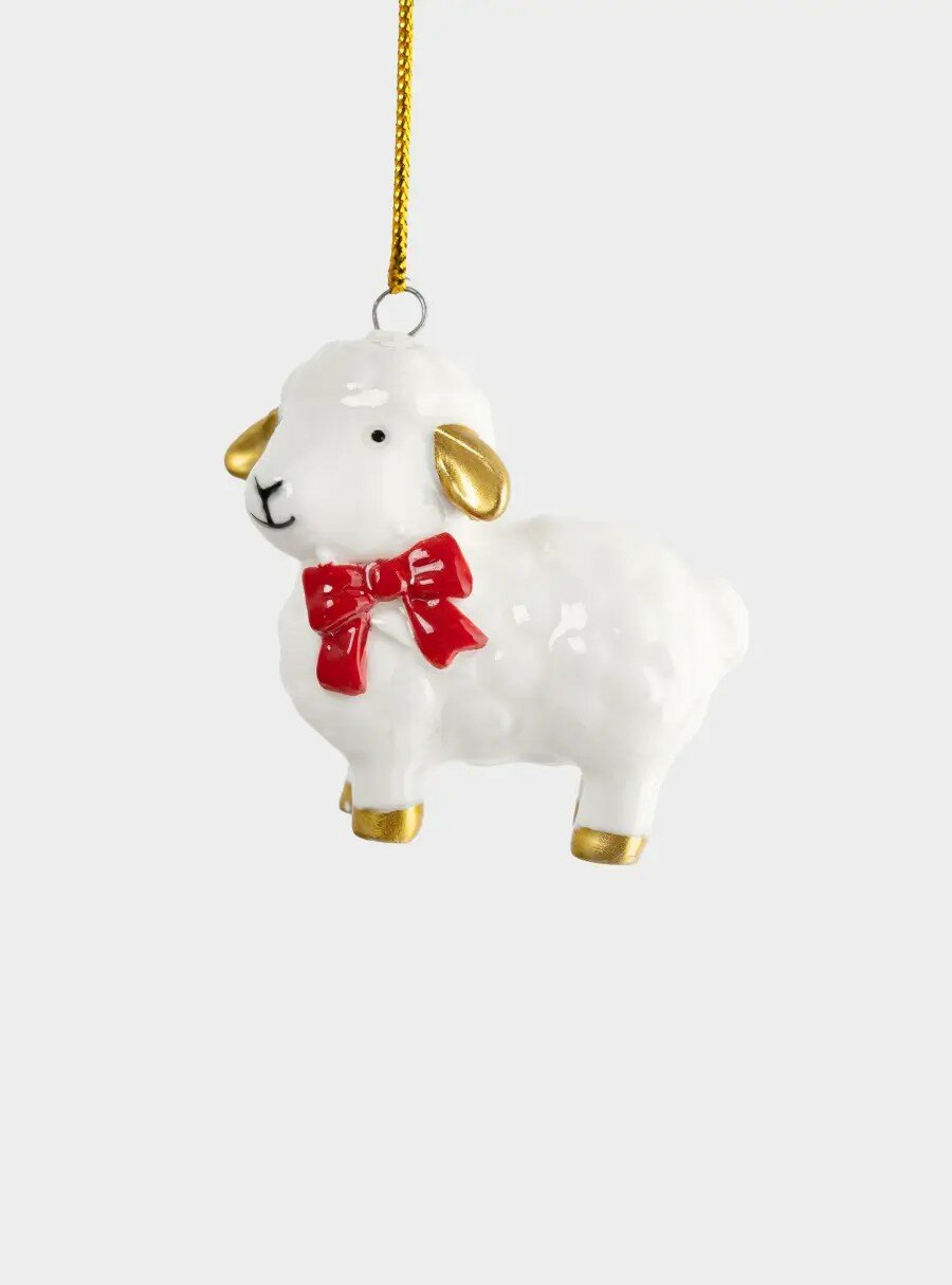 Игрушка елочная, 6 см, фарфор, молочно-золотистая, Овечка с бантом, Sheep (Anna Lafarg)