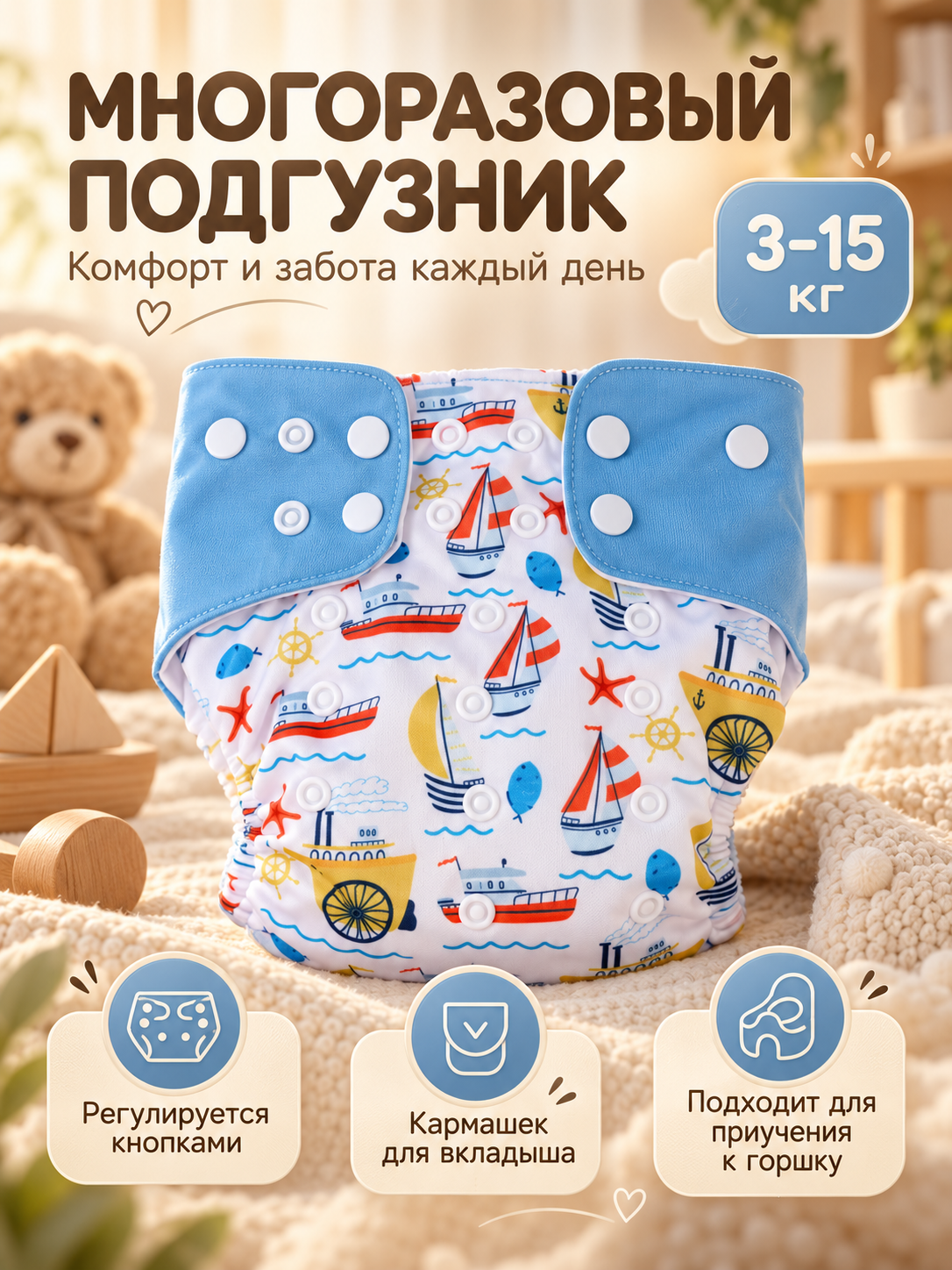 Трусики-подгузник Крошка Я, многоразовый, "Корабли", 3-15 кг, цвет белый