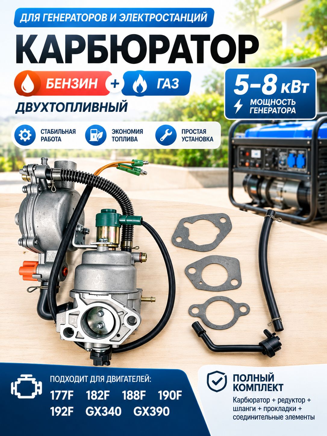 Карбюратор для генераторов Huter Carver Brait Edon 188F/190F, бензин и газ LPG NG