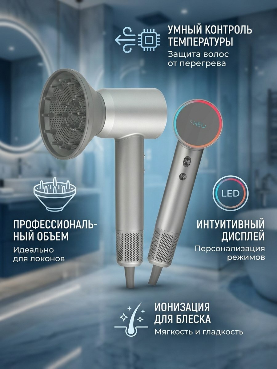 Фен Sheo Aurora с диффузором, 5 режимов, серебристый