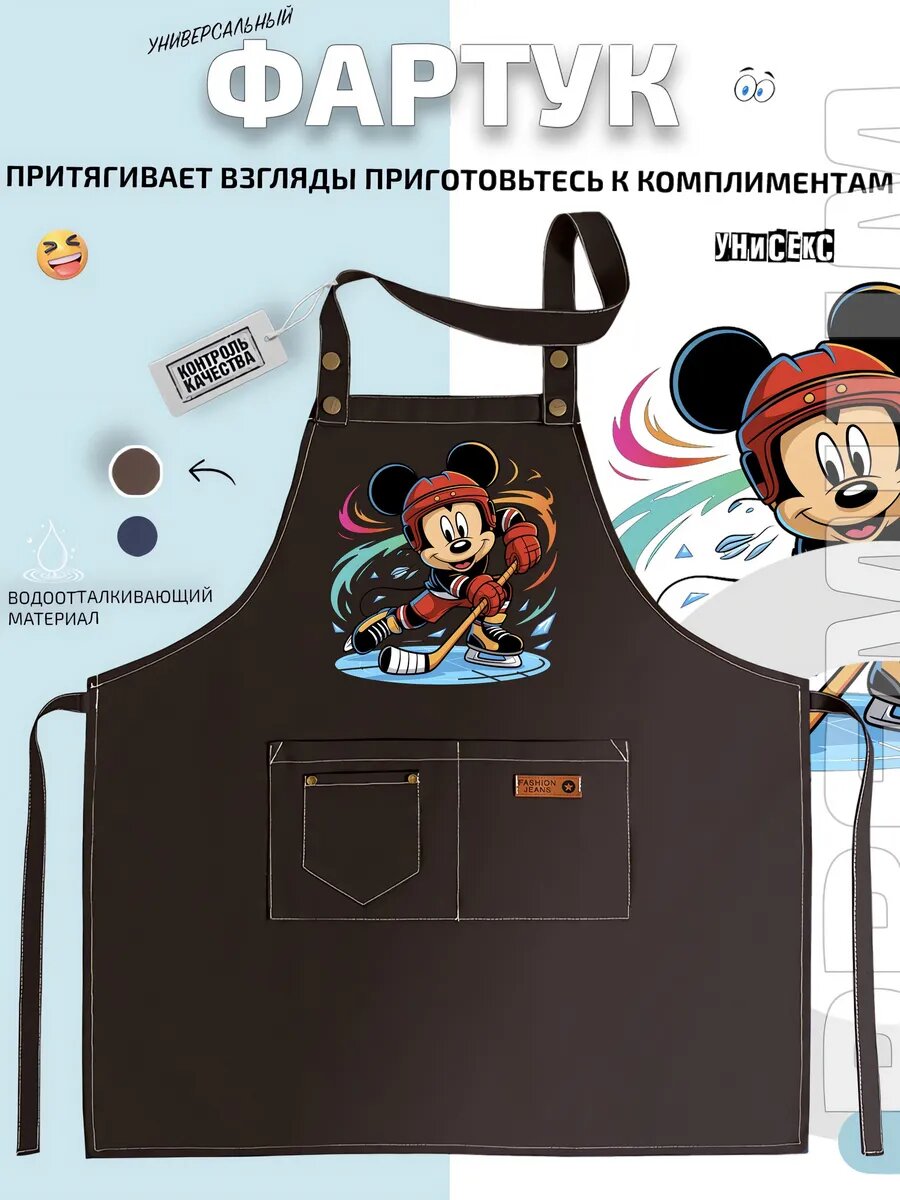 Фартук Микки Маус Mickey Mouse хоккей мультфильм спортсмен кухонный с принтом универсальный