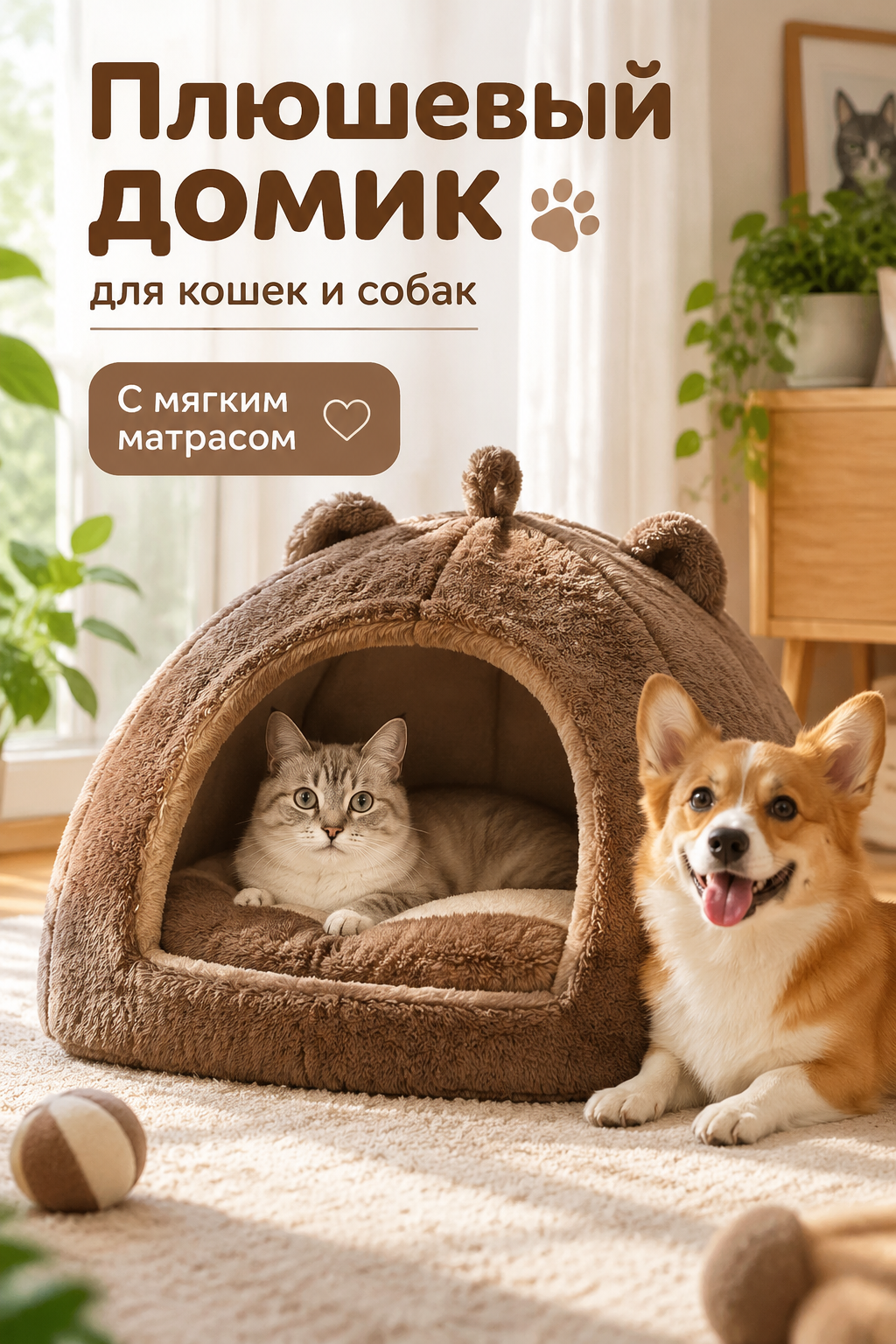 Плюшевый домик для кошек и собак с матрасом, коричневый