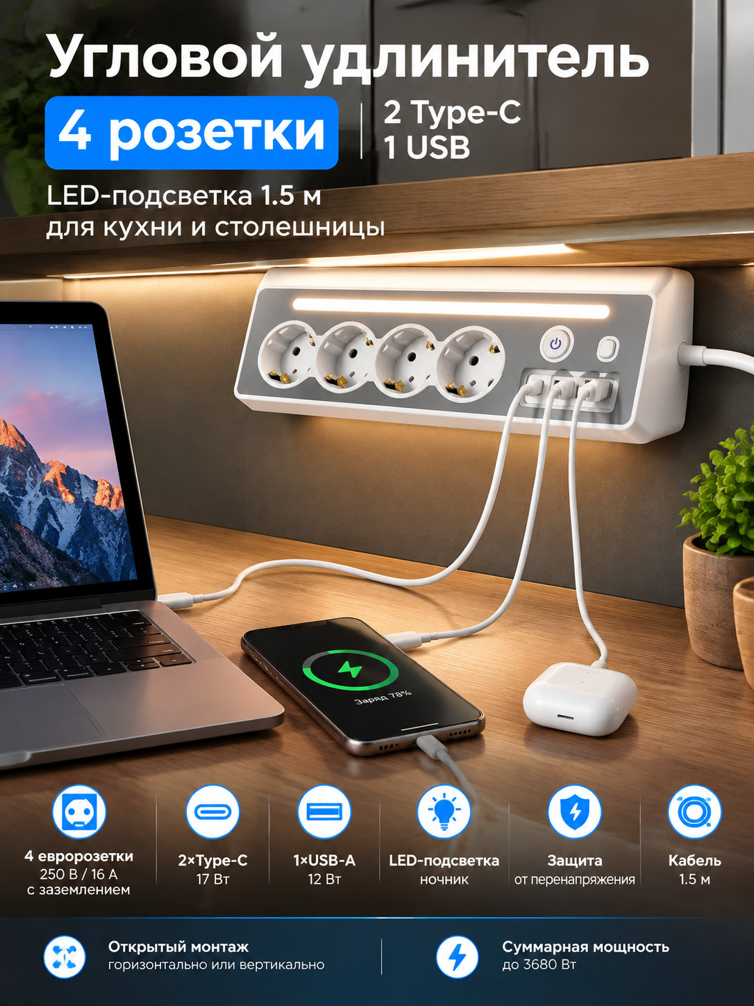 Угловой удлинитель 4 розетки, 2 Type-C, 1 USB, LED-подсветка 1.5 м для кухни и столешницы