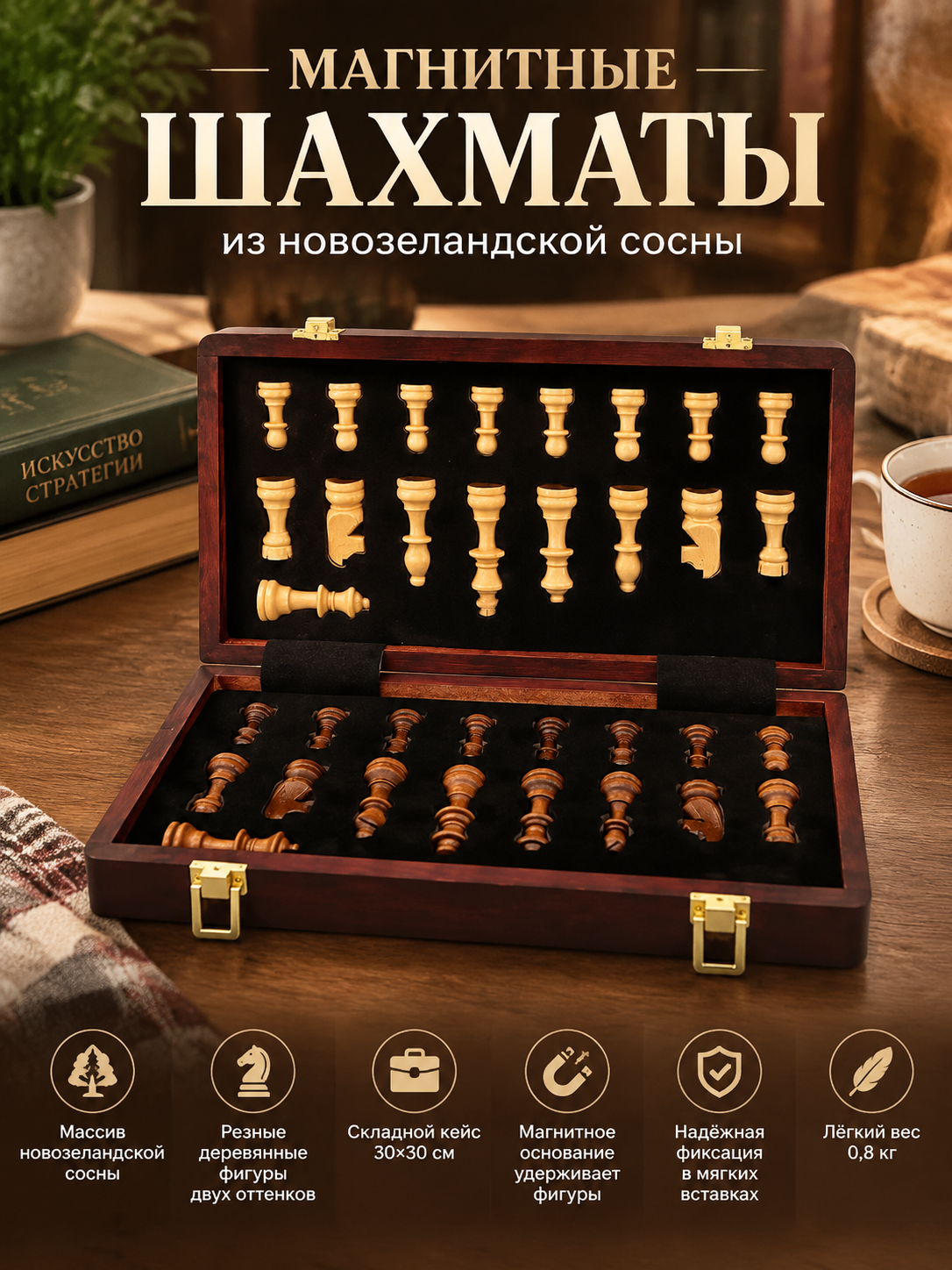 Магнитные шахматы из новозеландской сосны, складная настольная игра 30х30 см, деревянные фигуры