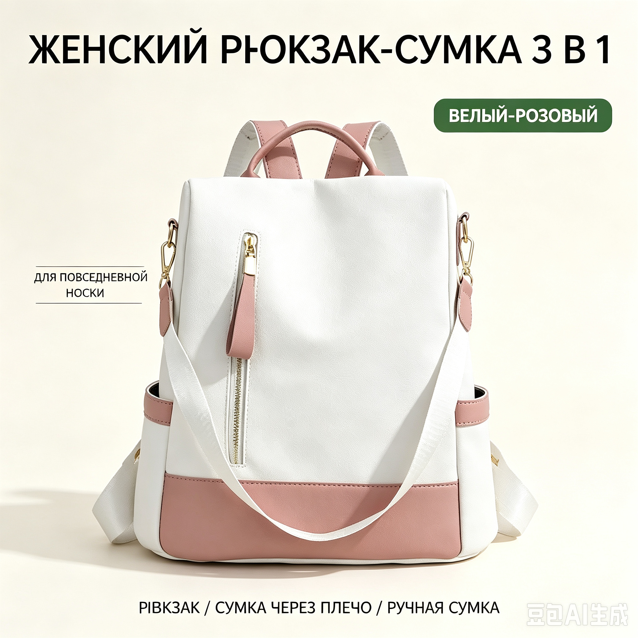 Женский рюкзак‑сумка 3‑в‑1, белый с розовым, многофункциональный