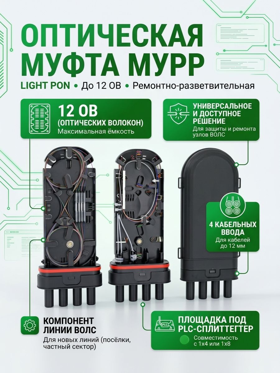 Муфта оптическая мурр универсальная ремонтная до 12 ОВ, для волс FTTH PON, кроссовая соединительная