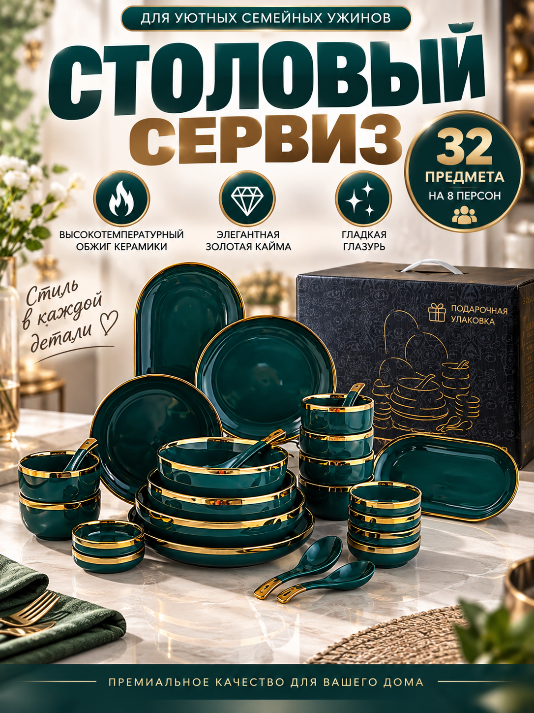 Столовый сервиз керамический 32 предмета на 8 персон, золотая кайма, гладкая глазурь, подарочная упаковка для семейных ужинов