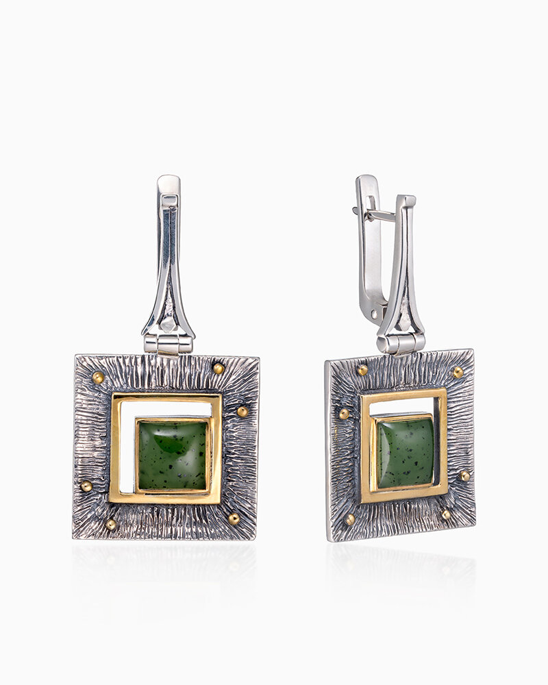 Серьги SARKISSIAN, серебро, 925 проба, золочение, чернение, нефрит