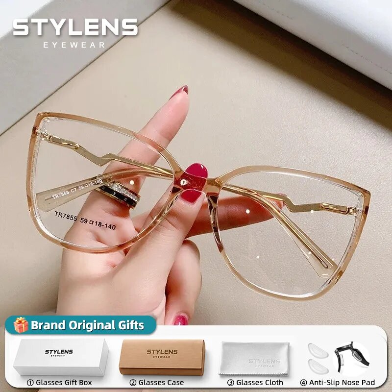 Женские очки STYLENS "Кошачий глаз", пластмасса, CR-39, защита от синего C7-Transparent Tea, -250
