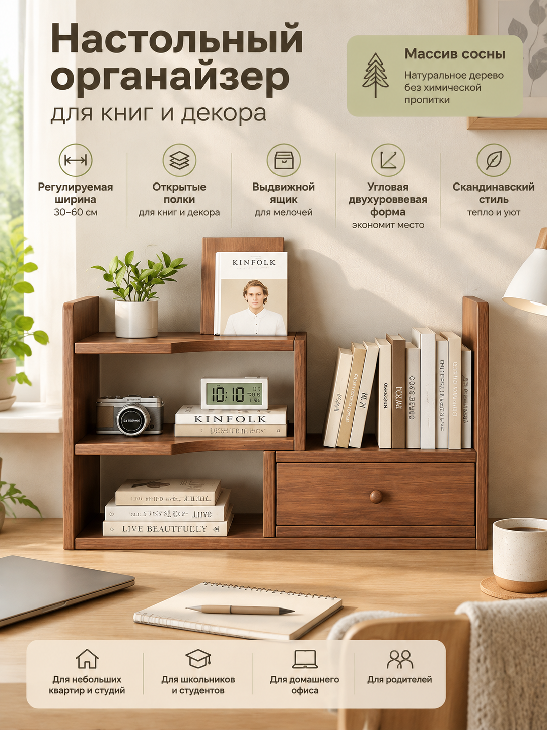 Полка-органайзер настольная из сосны 30–60×22×35 см для книг и декора в скандинавском стиле