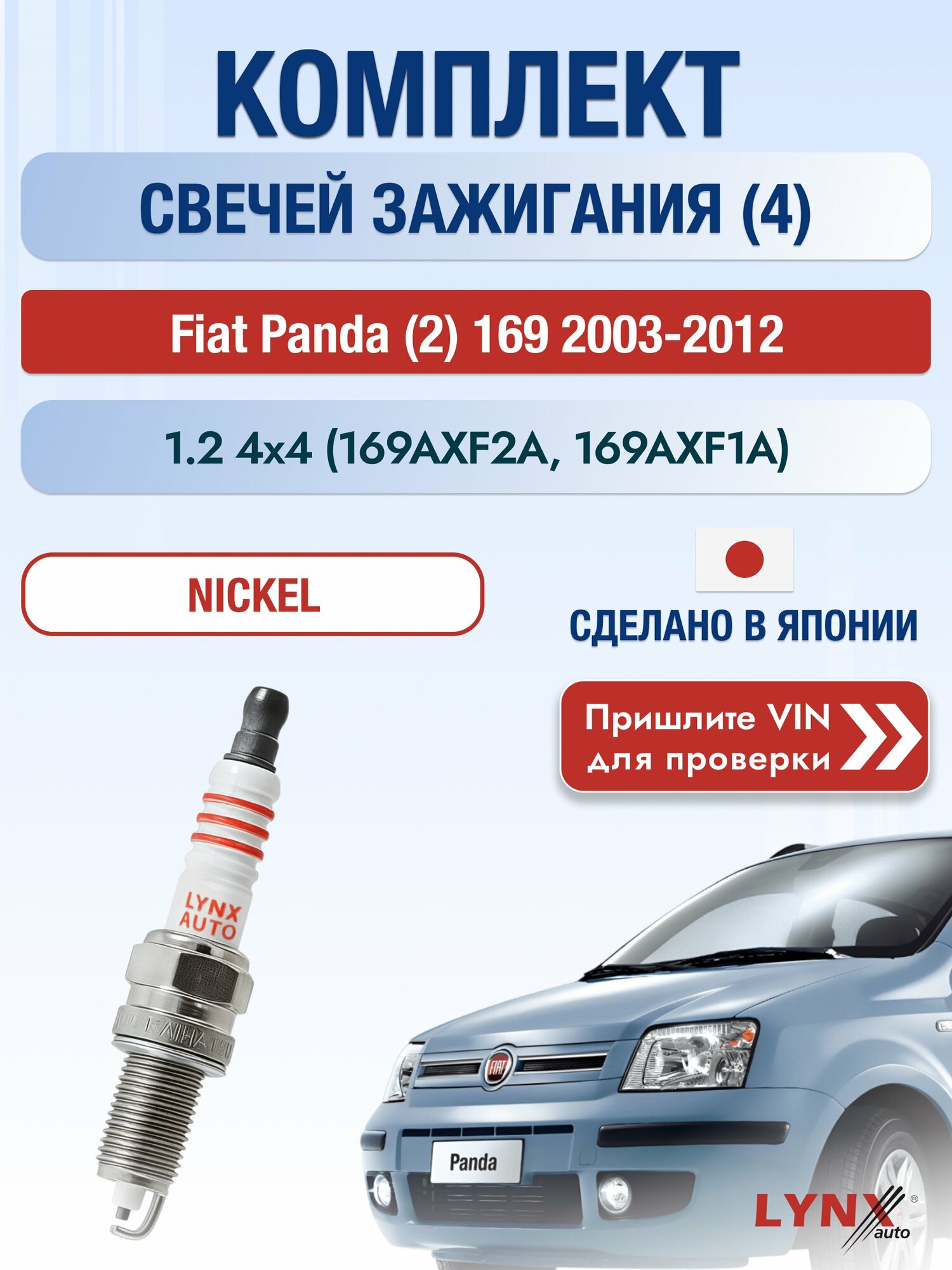 Свечи зажигания на Fiat Panda (2) 169, комплект 4 шт / 2003-2012 / Двигатель 1.2 4x4 SР-222 LYNXauto