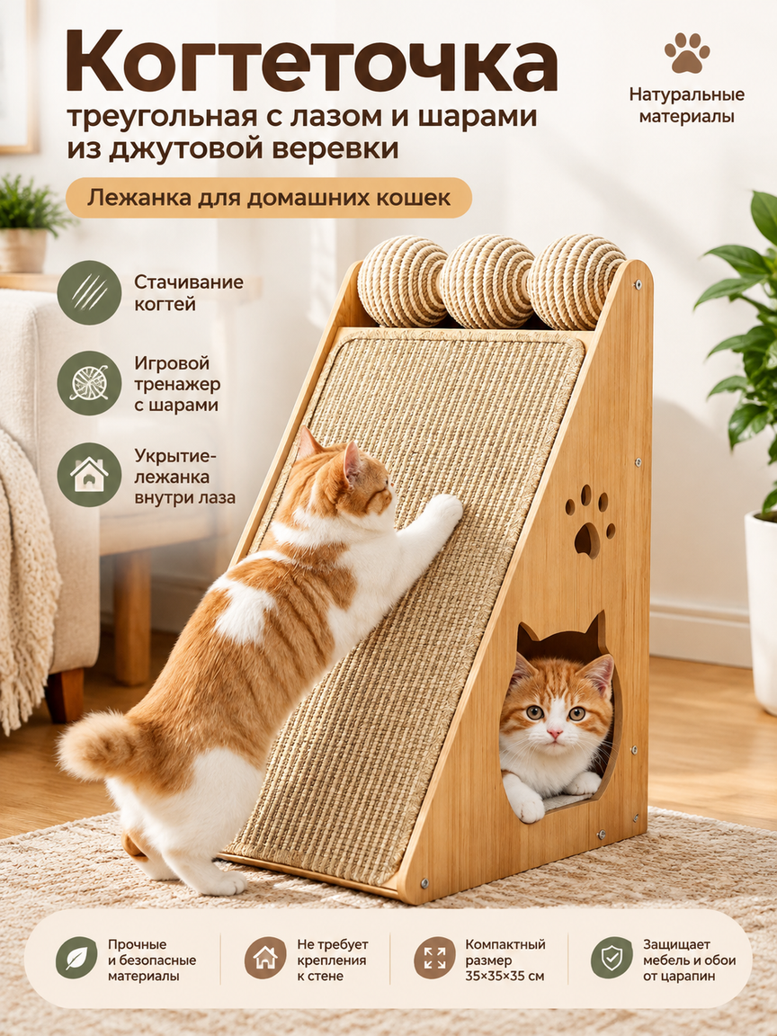Когтеточка треугольная с лазом и шарами из джутовой веревки — лежанка для домашних кошек