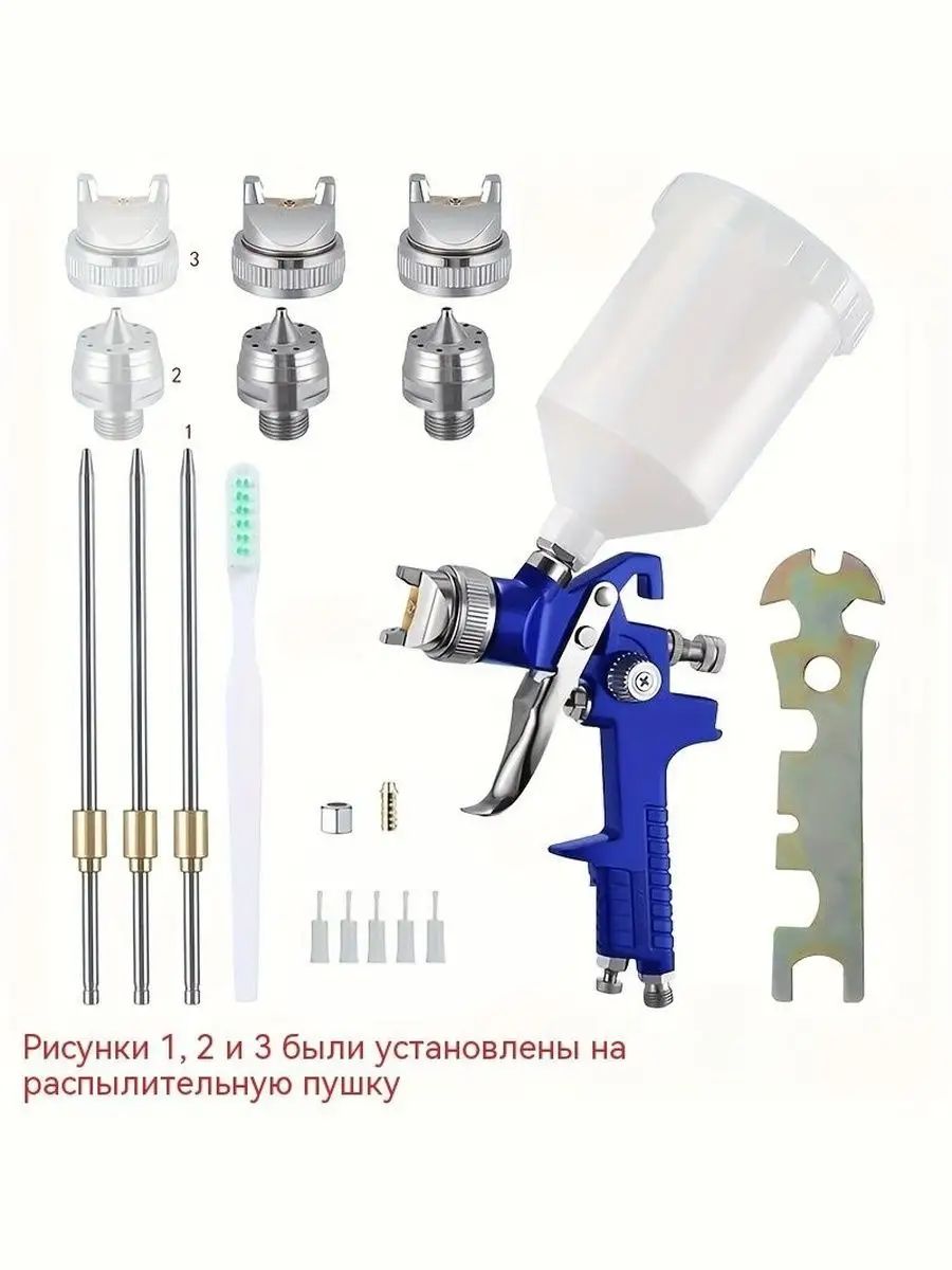 Инструмент краскопульт с тремя соплами (1,4 / 1,7 / 2,0 мм) для покраски автомобилей и мебели, в комплекте с бачком 600 мл.