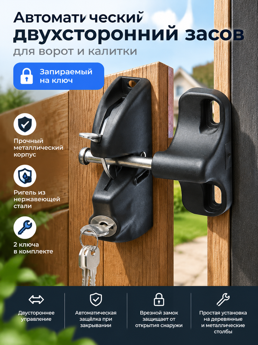 Автоматический двухсторонний засов с ключом для ворот и калитки, чёрный металлический замок