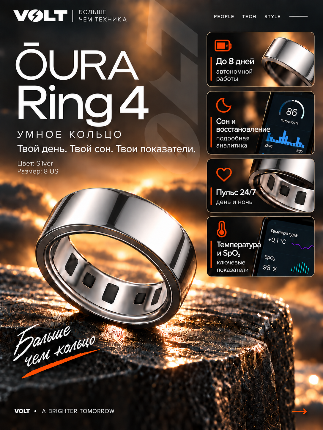 Смарт-кольцо Oura Ring 4 Silver Size US8