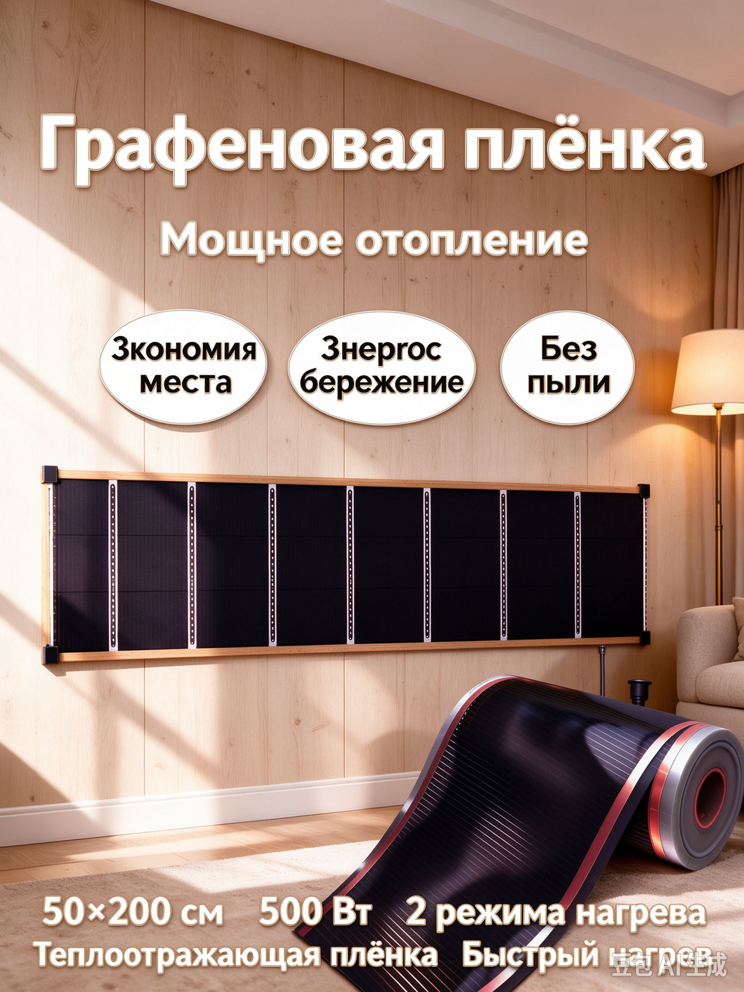 Тепловая панель настенная инфракрасная 500Вт 50x200 см, графен, мягкое тепло, для спальни`