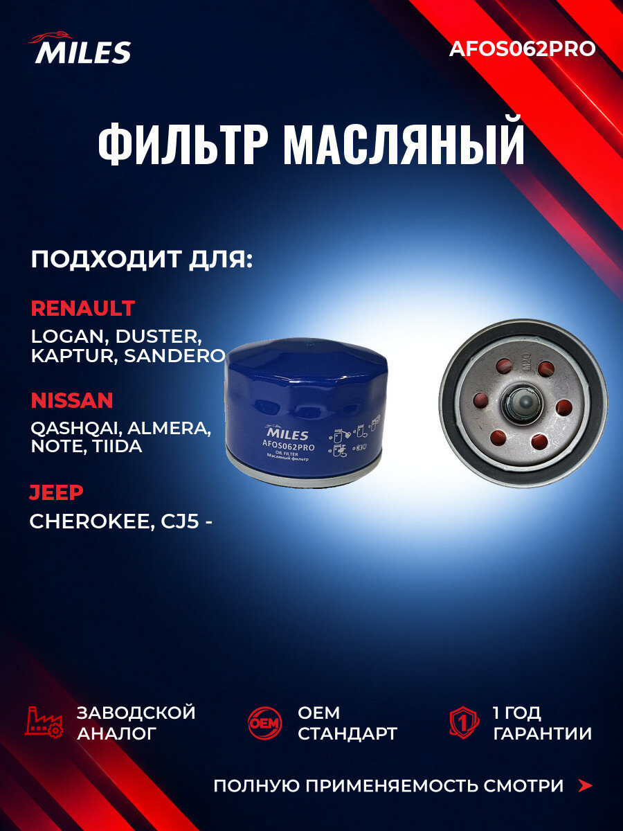 Фильтр масляный MILES AFOS062PRO Рено Логан I (LS) Renault Logan I (LS) с 2004