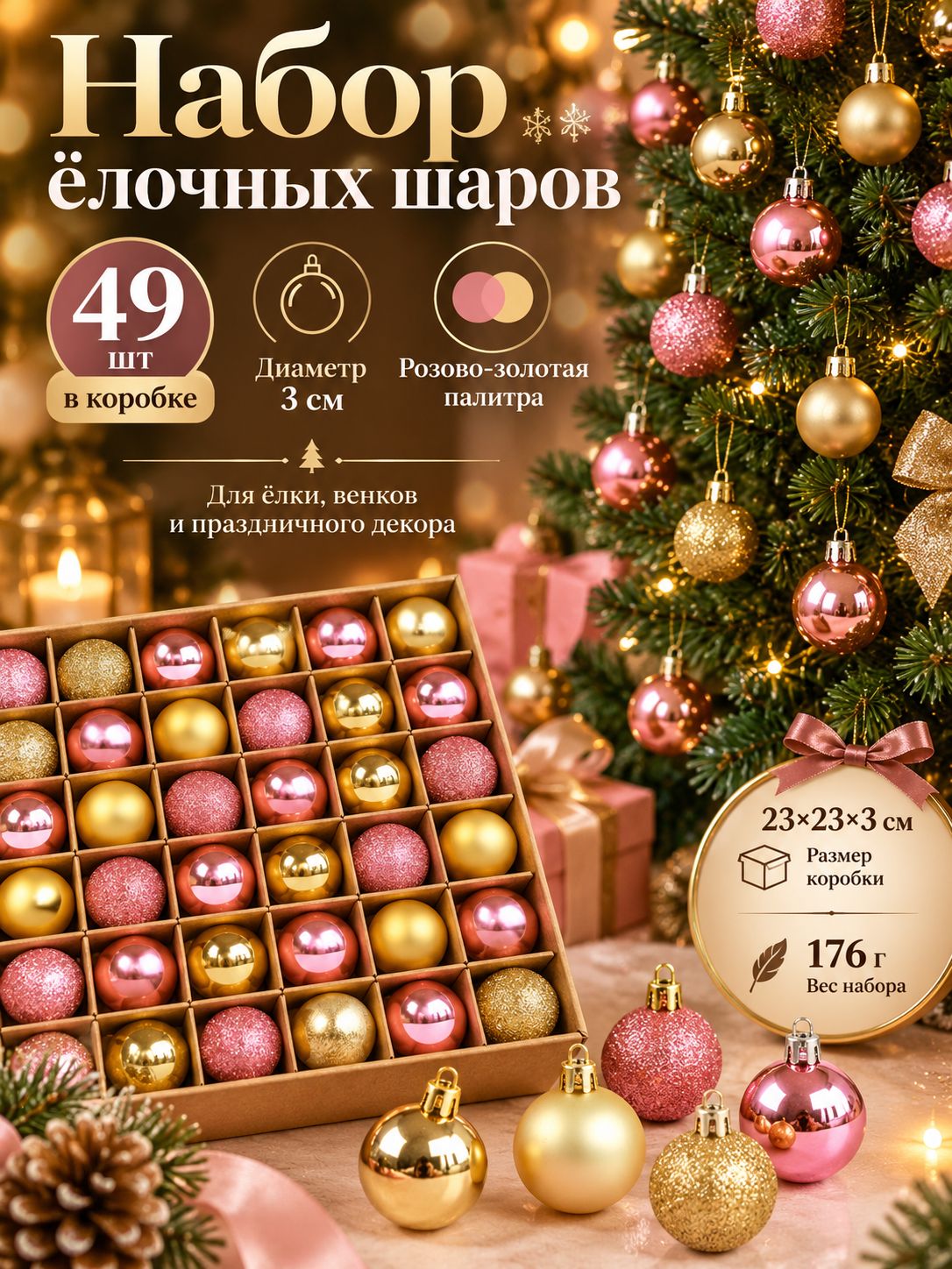 Елочная игрушка ёлка, мягкая игрушка светло-розовый 49 шт