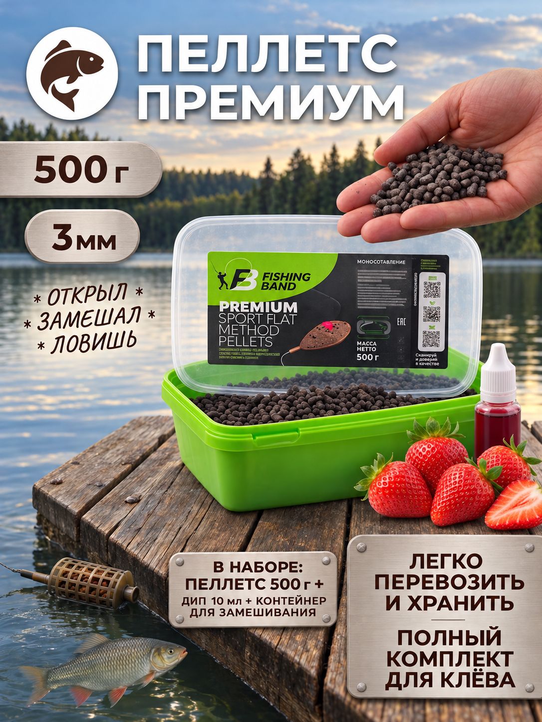 Прикормка для рыбалки Пеллетс для карпа, карася, фидер для флэт/метод ловли Клубника 3 мм 500 г