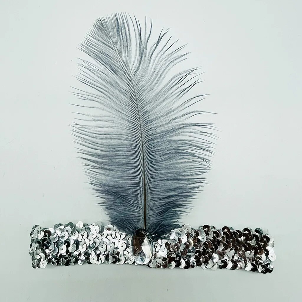 Флаппер ободок с перьями и стразами Серебряный, Silver