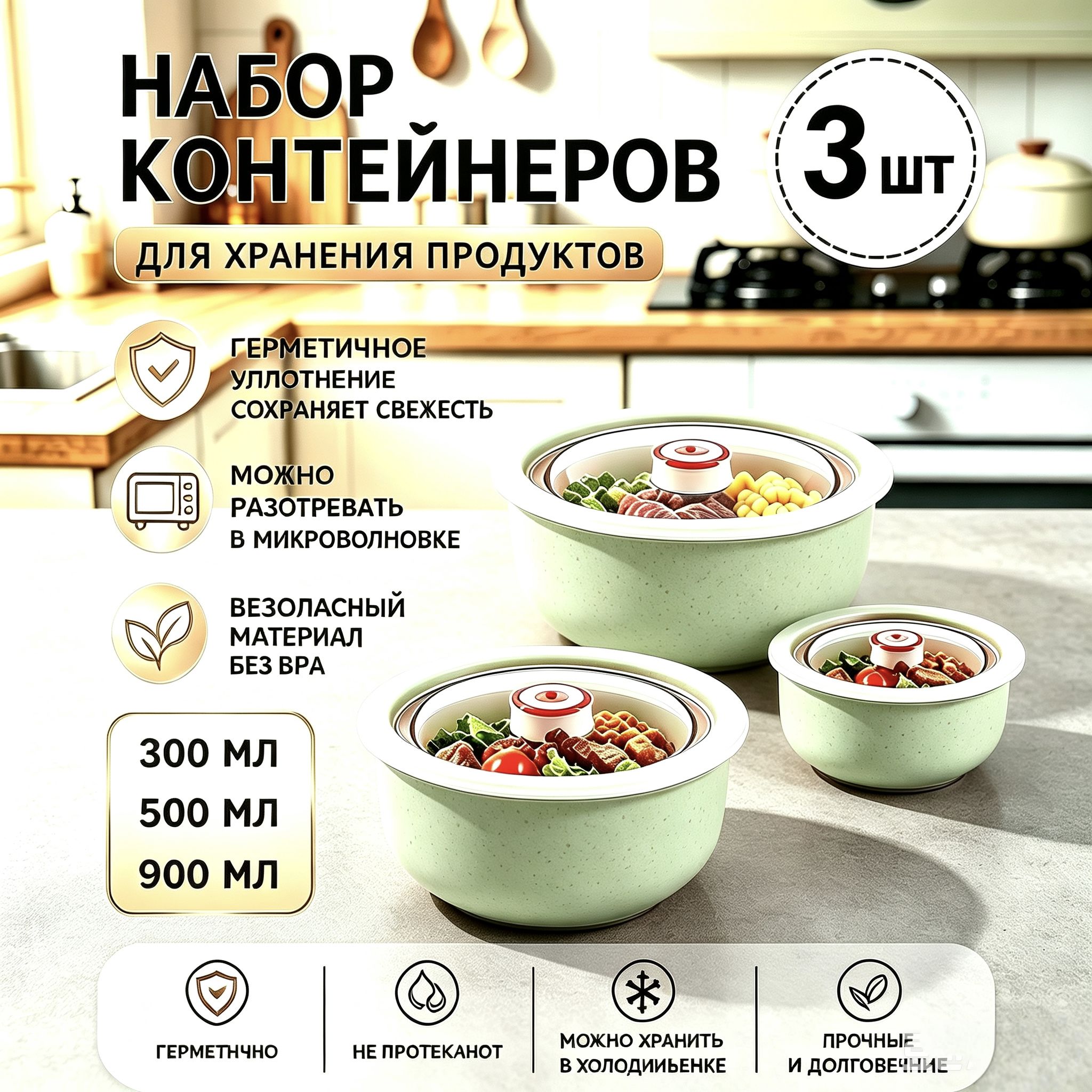 Салатник 15.5 см 1700 мл 3 шт светло-зеленый