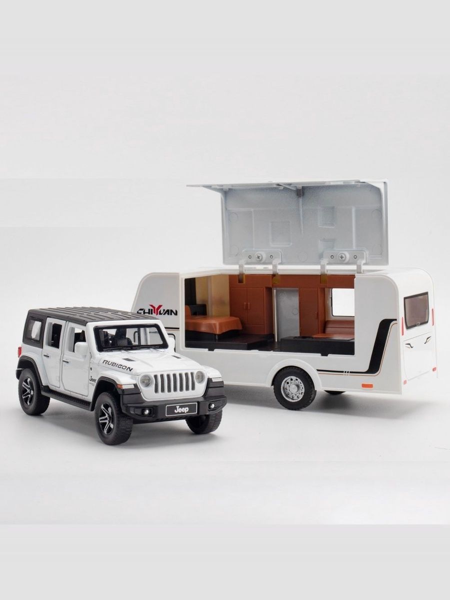 Металлическая машинка Jeep Rubicon 1:32 с прицепом, бело-черная, со светом и открывающимися деталями