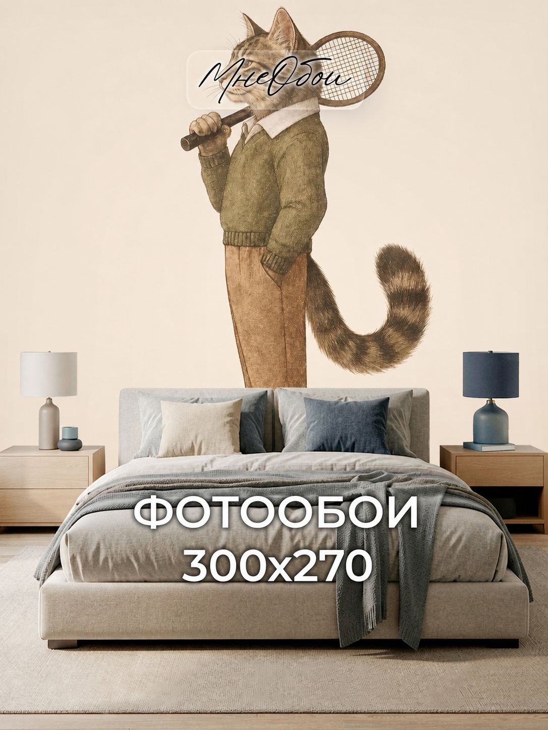Фотообои в спальню в зал 3d 300х270 Кот теннисист