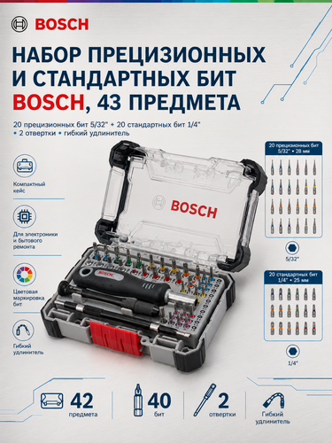 Изображение товара Набор бит и отверток Bosch, 42+1 предмета, С гибким удлинительным стержнем, с прецизионной рукояткой, для точных работ