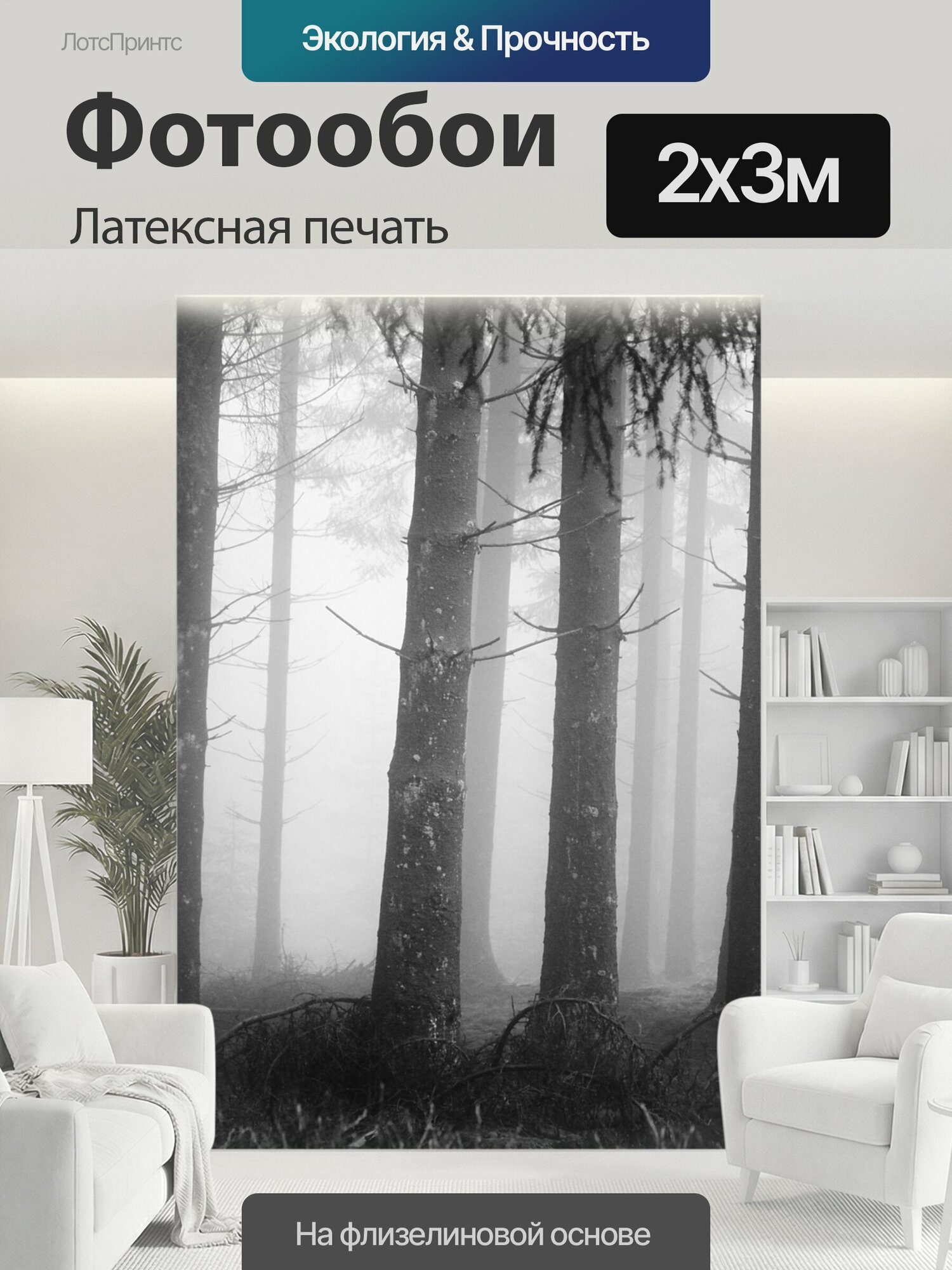 Фотообои моющиеся ударопрочные "Туман, лес, стволы деревьев" 200x300 см. латексная печать