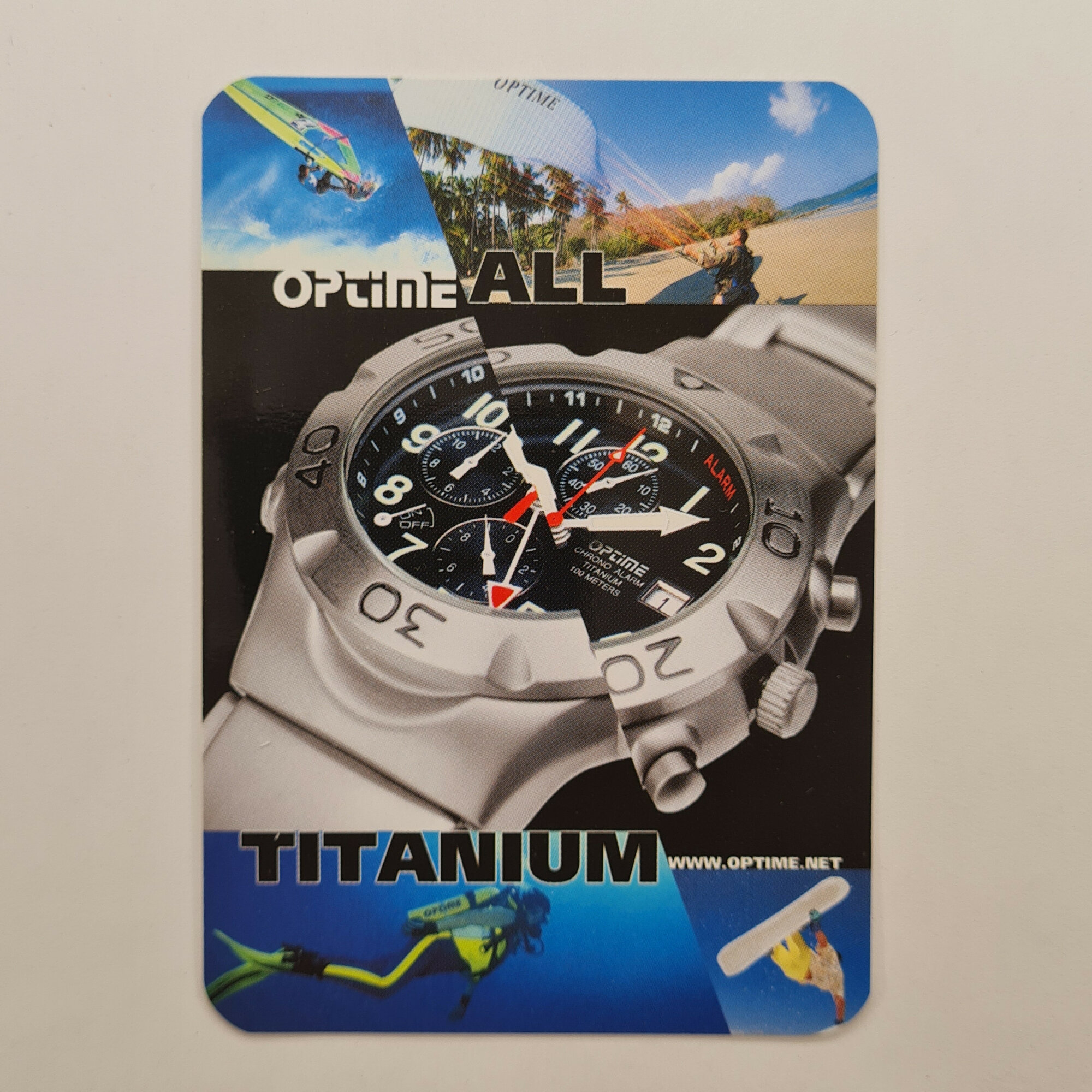 Карманный календарик 2002. OptimeALL Titanium, часы и водный спорт. Календарь винтажный