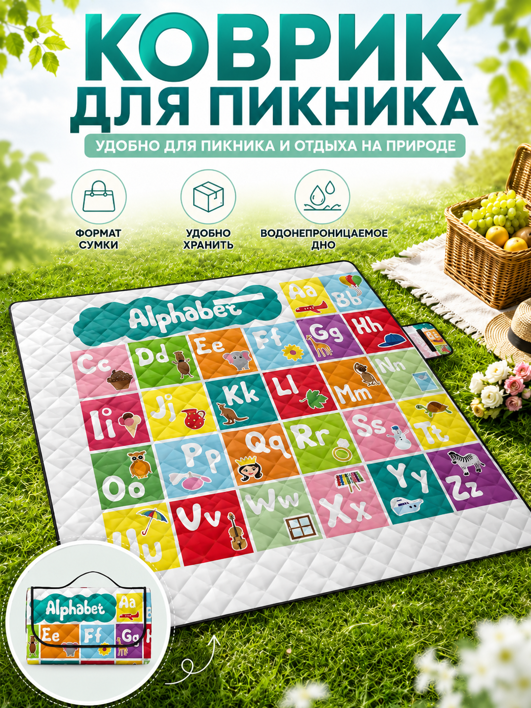 Складная подстилка для пикника с узором животных 200х200 см, легко складывается в сумку, для поездок на природу, пляж и выездов за город